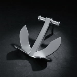 Professional product photography of a heavy-duty stainless steel boat anchor on a dark slate background. Sleek industrial anchor with sharp edges, polished chrome finish, dramatic studio lighting, no people, no text, square composition, minimal and premium.