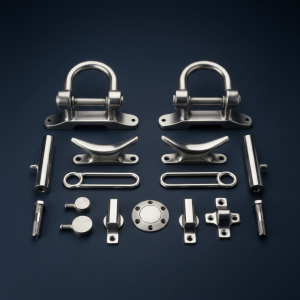 Professional product photography of premium stainless steel marine hardware: bow shackles, cleats, D-rings and deck fittings arranged neatly on a dark navy background. Polished marine-grade metal, industrial nautical feel, clean studio lighting, no people, no text, square composition.