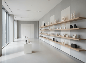 Modern minimalist product showroom interior, clean well-lit display shelves with neutral products, soft natural lighting, professional catalog photography, light gray and white tones, wide angle, elegant and spacious